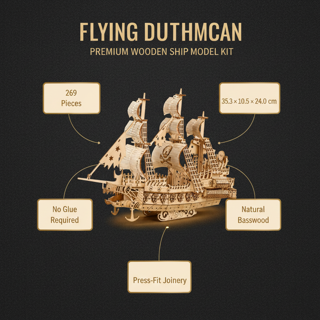 Wooden ship model kit with specifications on a dark background