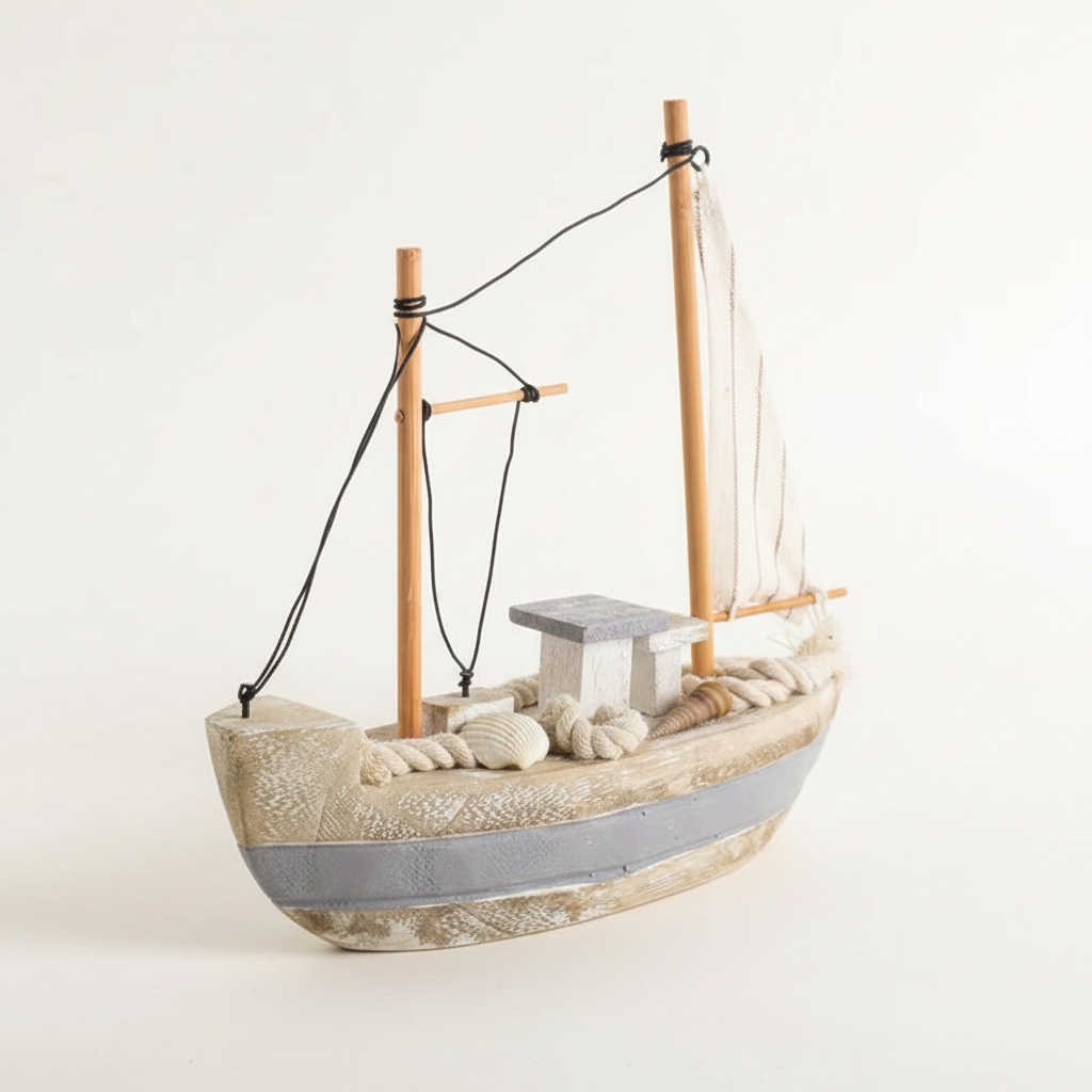 Mediterranean fishing boat wooden model rear 3/4 angle – stern detail showing weathered hull, dual wooden masts, black rope rigging, and textured carved wood surface, cream white background