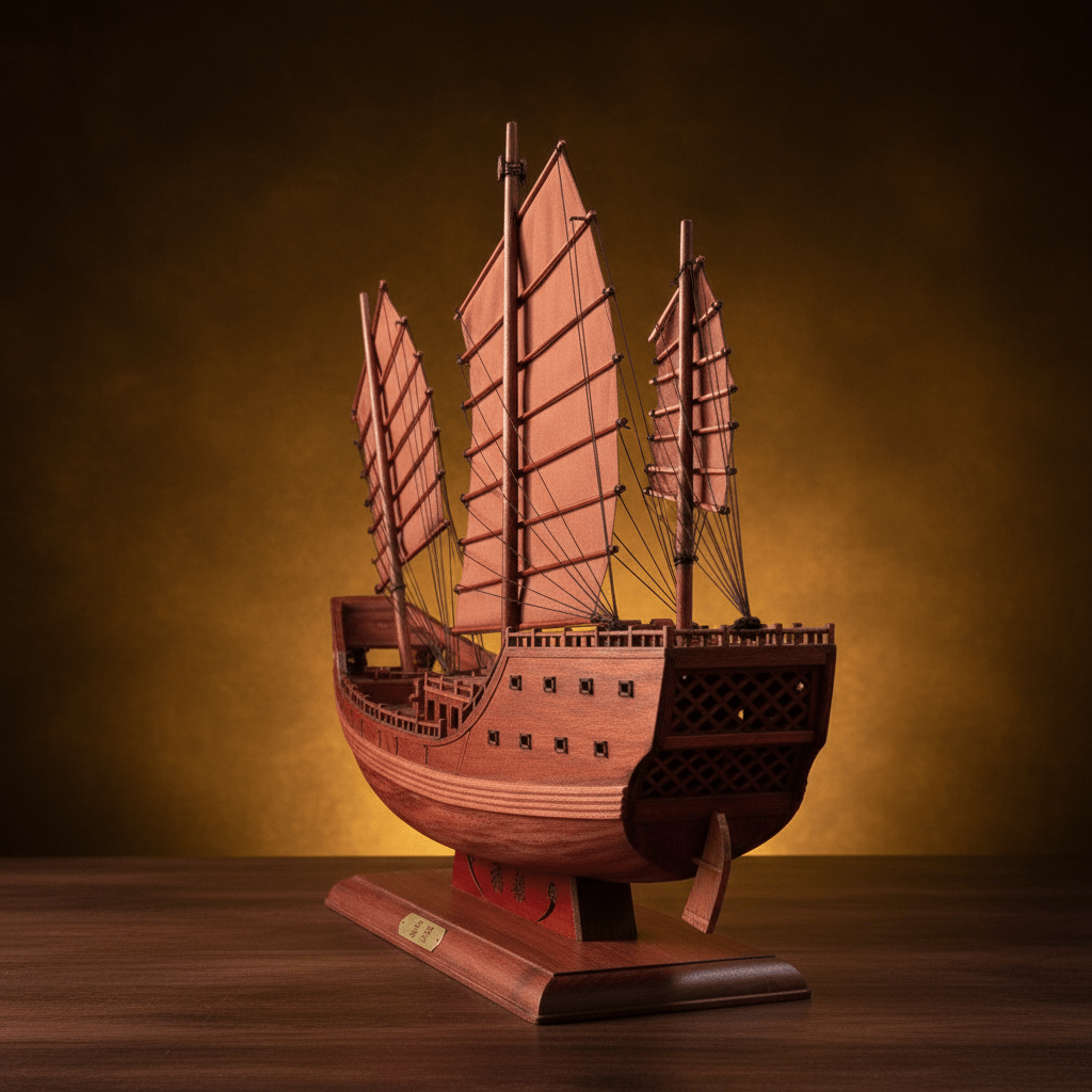 Low-angle side view of a Fu Chuan junk ship model showing curved hull planks, three battened sails, cannon ports, and brass nameplate on display base