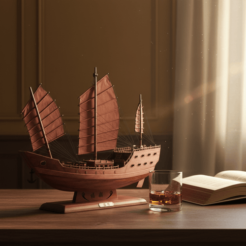 Fu Chuan junk ship model displayed on a wooden desk beside a whiskey glass and open book, with warm afternoon light through linen curtains
