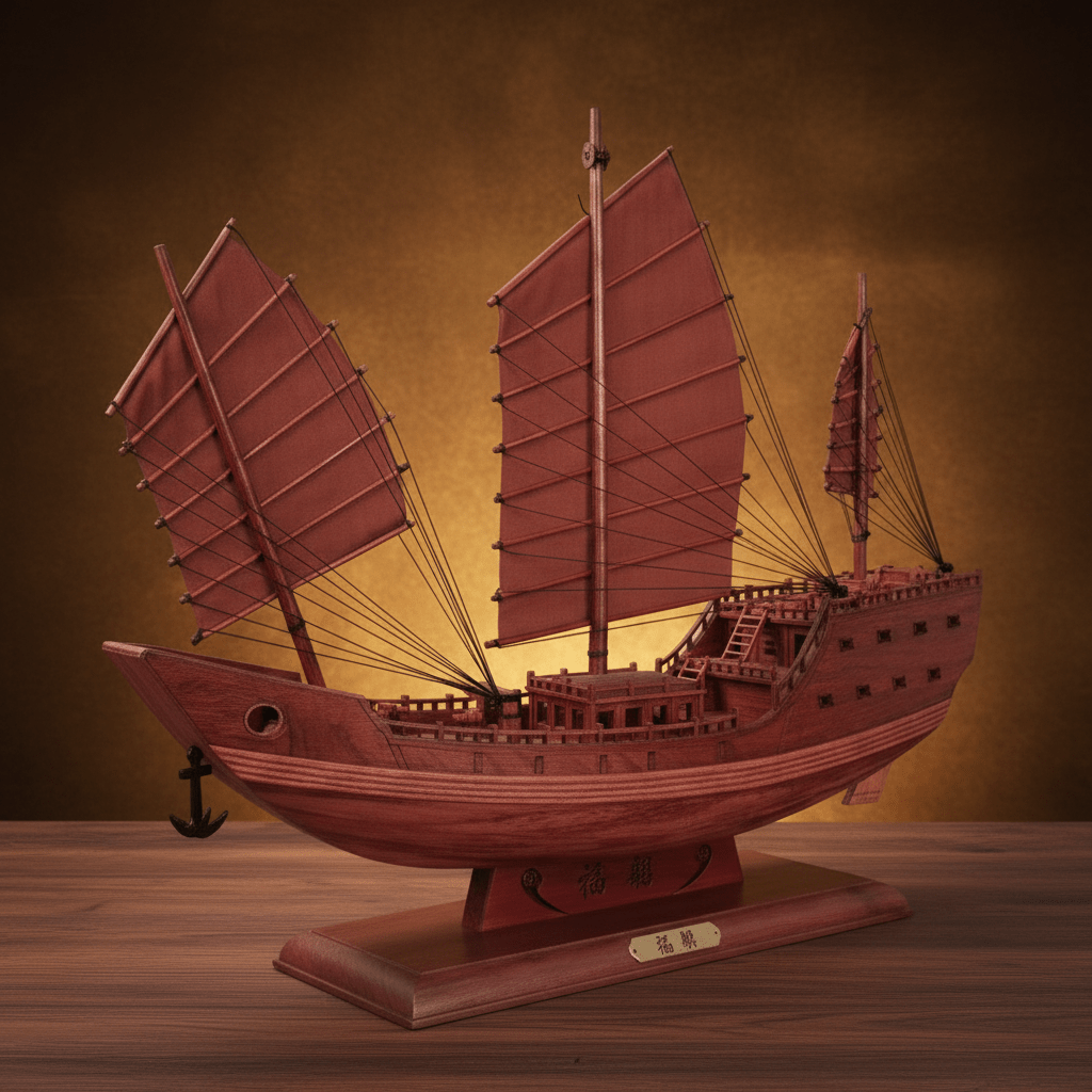 3/4 front view of a handcrafted Fu Chuan junk ship model showing three battened sails, lattice railing, and engraved wooden display base, warm amber background
