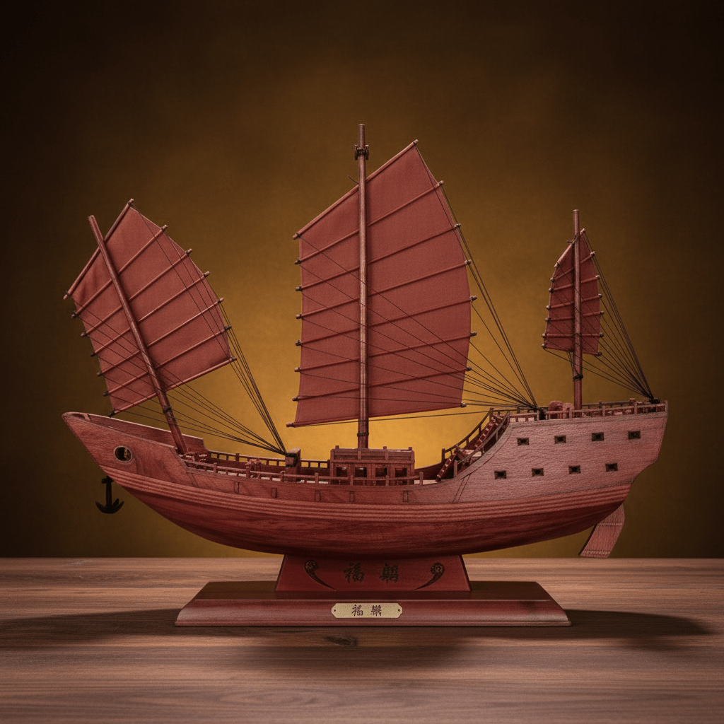 Side view of a Fu Chuan junk ship model showing three-mast full sail profile, miniature anchor, cannon ports, and carved hull inscription "福艟", warm amber background