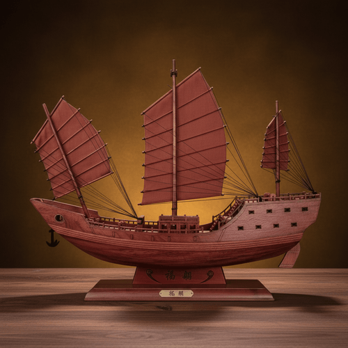 Side view of a Fu Chuan junk ship model showing three-mast full sail profile, miniature anchor, cannon ports, and carved hull inscription "福艟", warm amber background