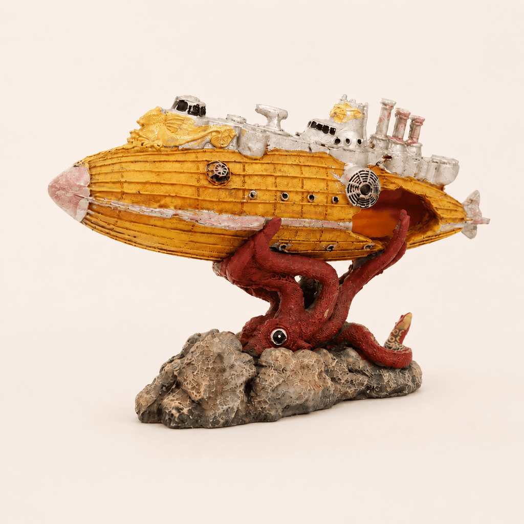 Giant Octopus Submarine Wreck Resin Aquarium Decor – Kraken vs Steampunk Sub - Ocean Relic Studio- Handcrafted Wooden Ship Model