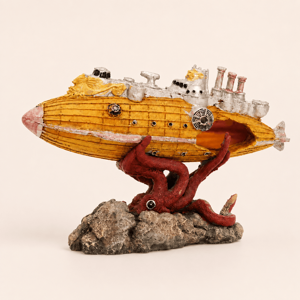 Giant Octopus Submarine Wreck Resin Aquarium Decor – Kraken vs Steampunk Sub - Ocean Relic Studio- Handcrafted Wooden Ship Model