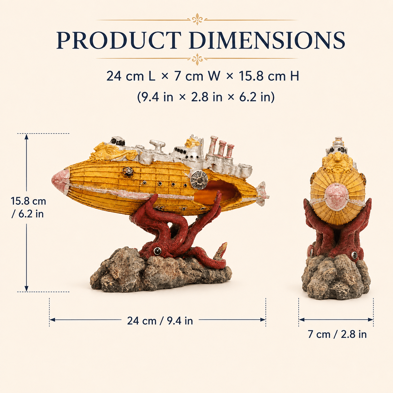 Giant Octopus Submarine Wreck Resin Aquarium Decor – Kraken vs Steampunk Sub - Ocean Relic Studio- Handcrafted Wooden Ship Model