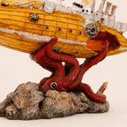 Giant Octopus Submarine Wreck Resin Aquarium Decor – Kraken vs Steampunk Sub - Ocean Relic Studio- Handcrafted Wooden Ship Model