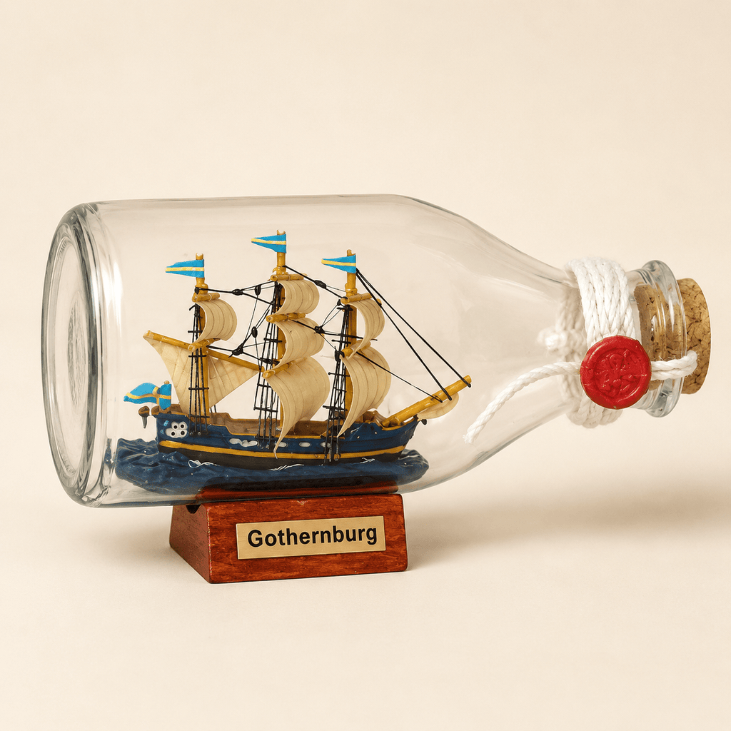 Gothenburg Ship in a Bottle – Swedish East Indiaman Nautical Decor - Ocean Relic Studio- Handcrafted Wooden Ship Model