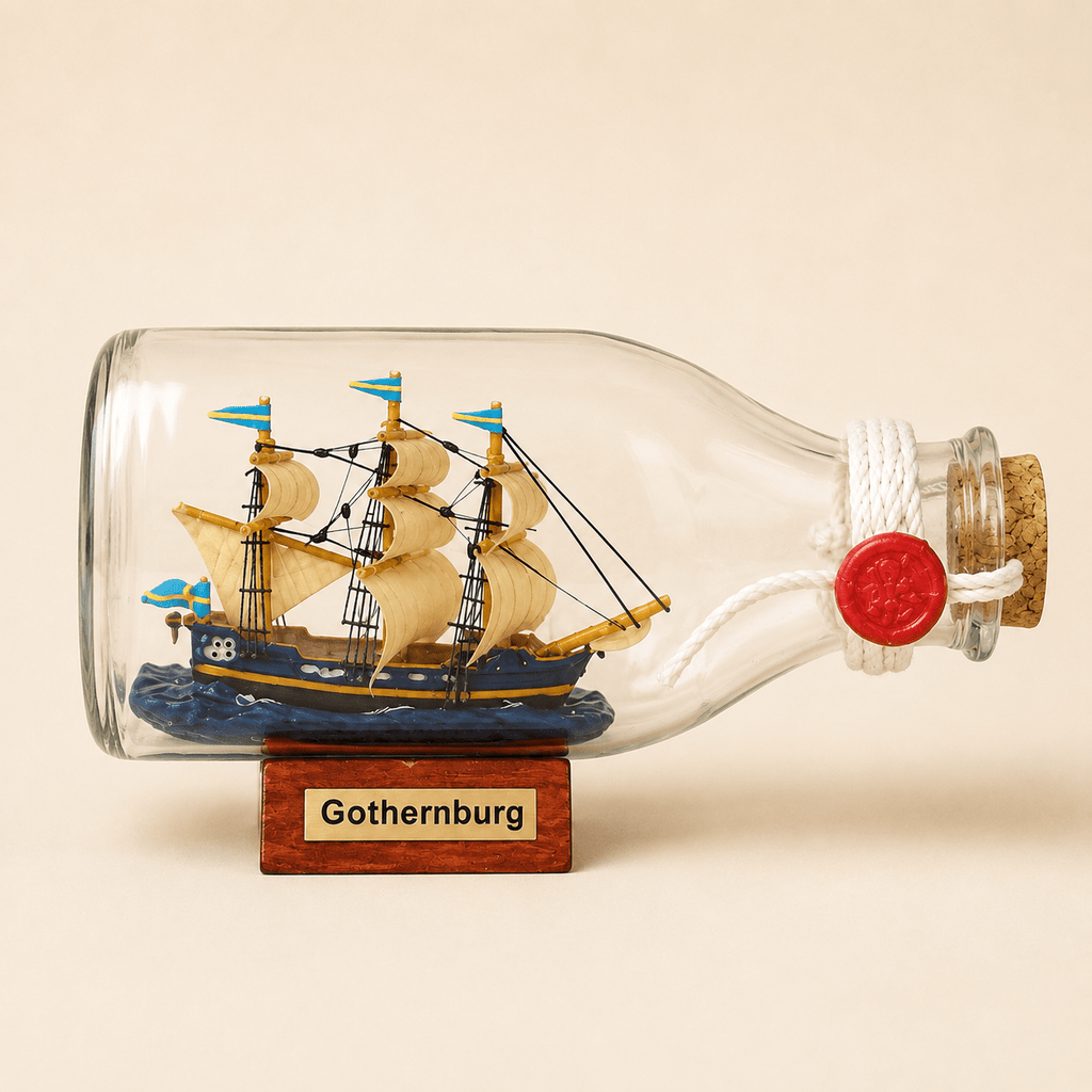 Gothenburg Ship in a Bottle – Swedish East Indiaman Nautical Decor - Ocean Relic Studio- Handcrafted Wooden Ship Model