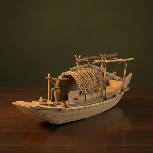 3/4 front view of a Chinese river junk model showing bow, straw cabin, bamboo frame, and wooden oar, warm amber background