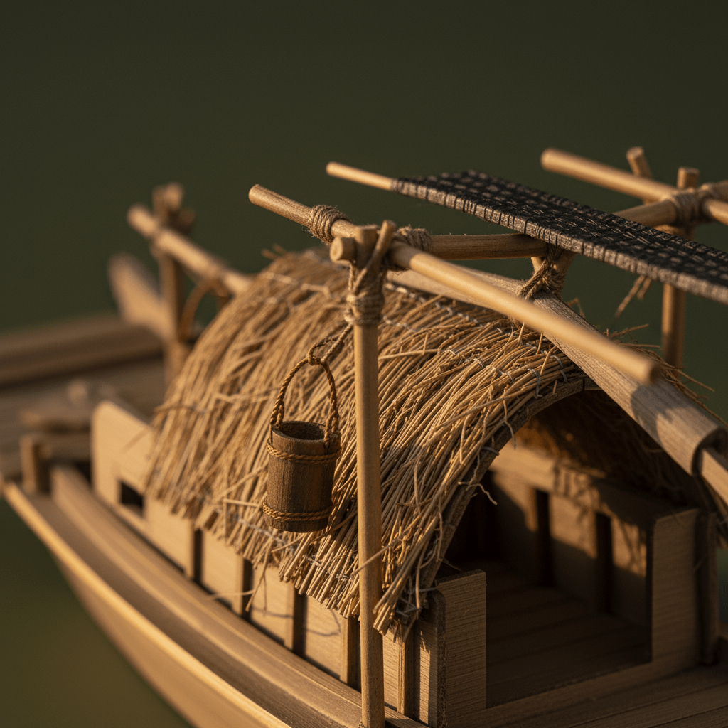 Close-up of hand-woven straw cabin roof on a Chinese river junk model, showing bamboo pole lashing, rope knots, and a miniature hanging wooden bucket