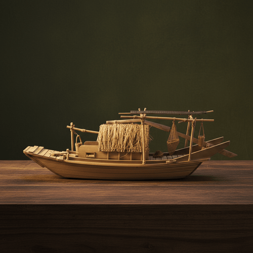Side view of a handcrafted Chinese river junk model with woven straw cabin, bamboo pole frame, and wooden oar, light wood finish on dark green background