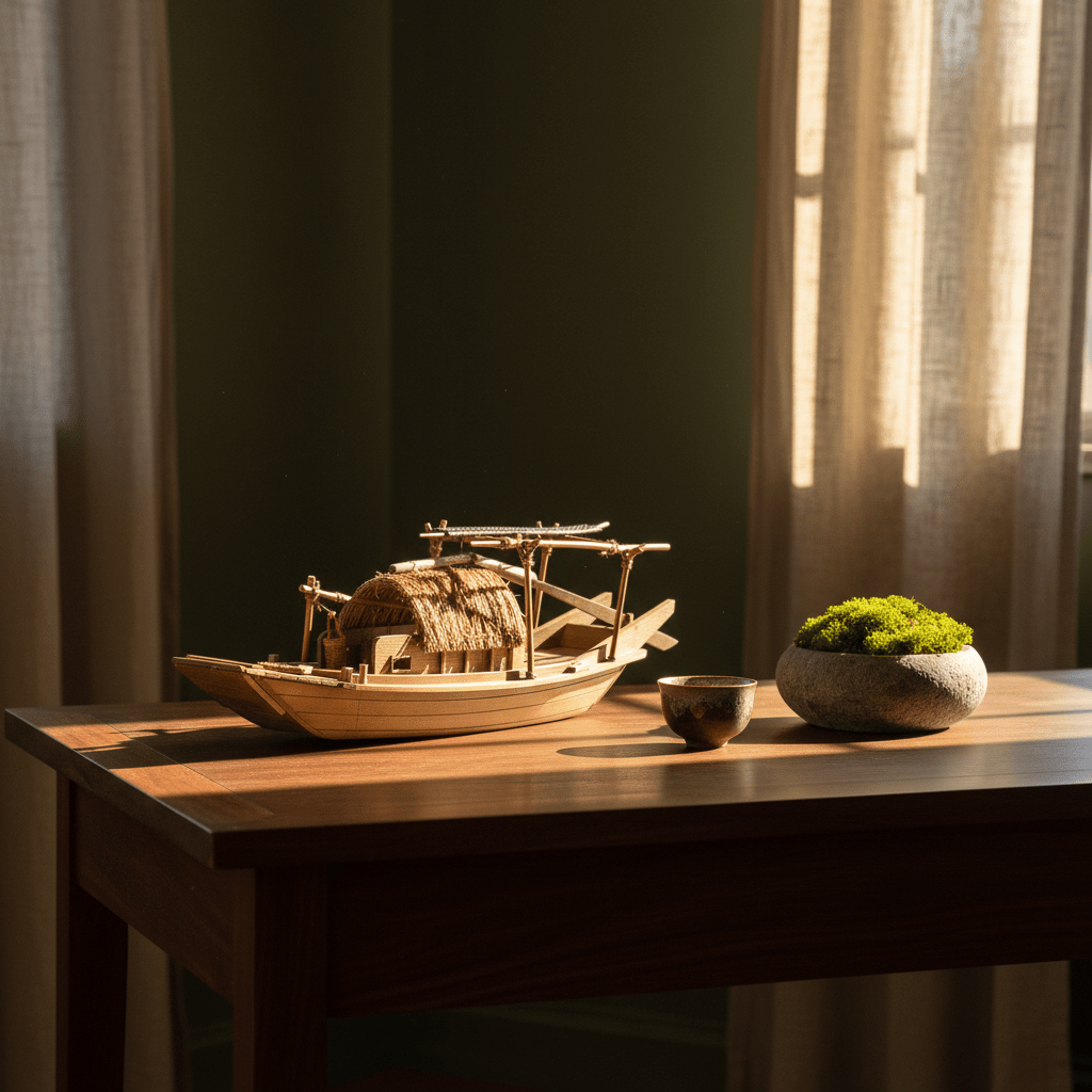 Chinese river junk model displayed on a wooden table beside a ceramic bowl and moss stone pot, with warm afternoon light through linen curtains