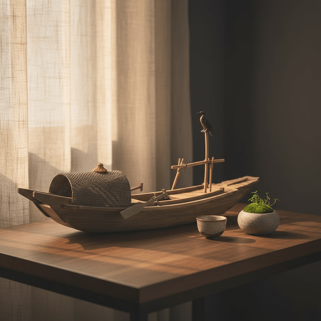 Cormorant fishing boat model displayed on a wooden table beside a ceramic tea cup and moss stone pot, with soft light through linen curtains