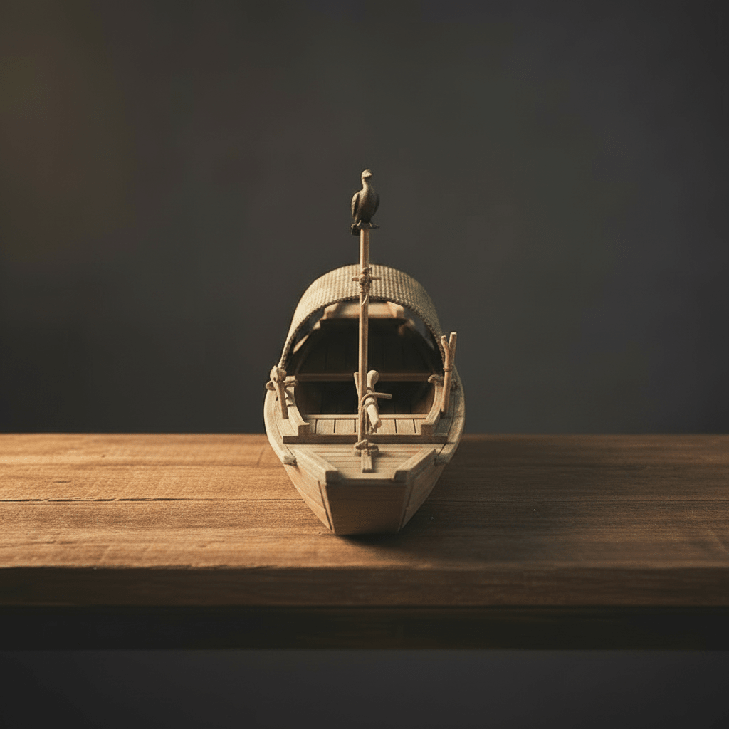 Front view of a Chinese cormorant fishing boat model showing curved straw cabin roof, bamboo perch with cormorant bird, and flat-bottom hull, on a wood-grain surface