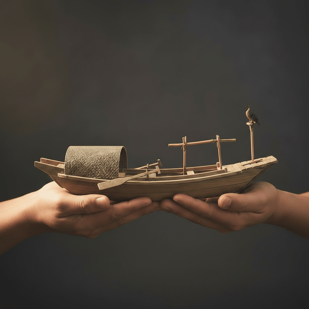 Handcrafted Chinese cormorant fishing boat model held in two hands, showing woven straw cabin, bamboo pole frame, wooden oar, and cormorant bird figurine on perch