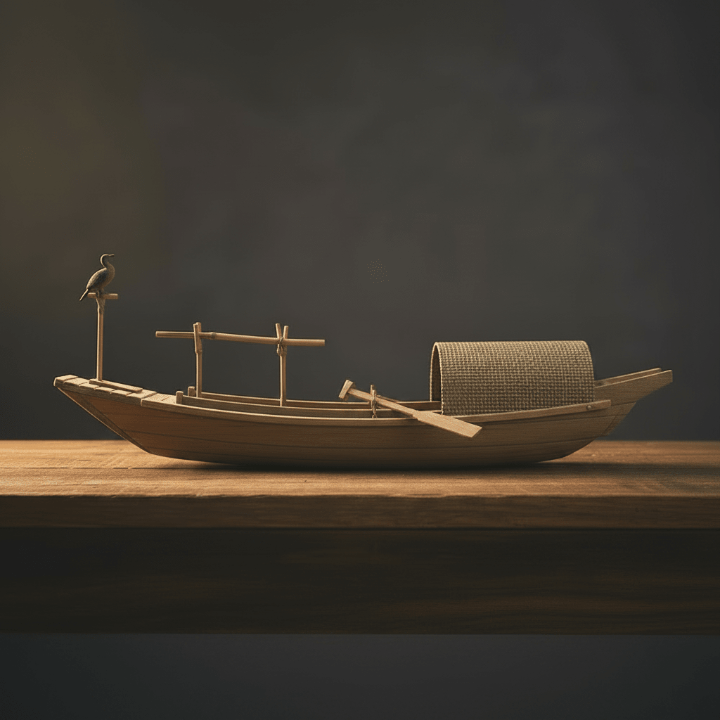 Side view of a Chinese cormorant fishing boat model with cormorant bird perched on bow pole, woven straw cabin, and wooden oar, warm studio light