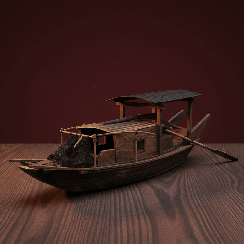 3/4 front view of a Chinese river junk fishing boat model on a wood-grain surface, showing fishing net, bamboo poles, cabin structure, and wooden oar