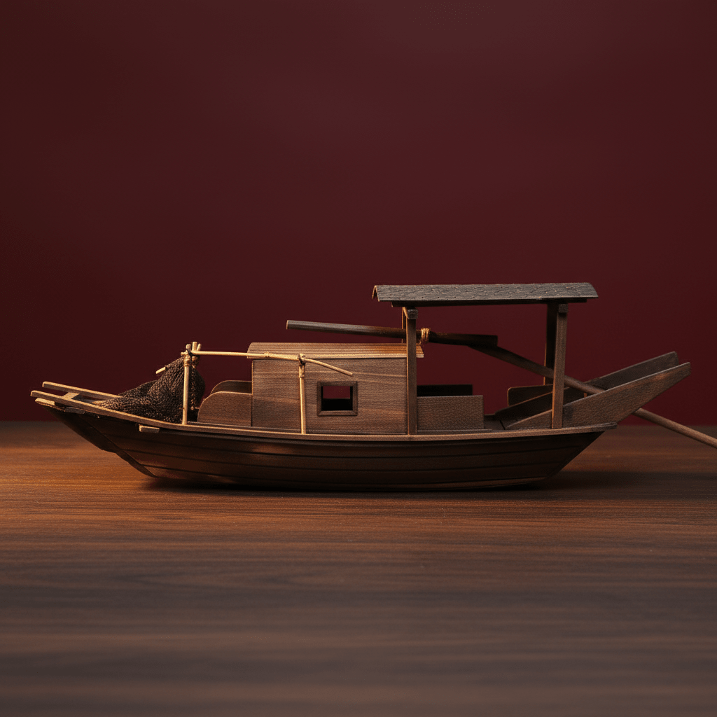 Side view of a handcrafted Chinese fishing boat model showing knotted fishing net, bamboo poles, wooden cabin, and stern oar, dark studio background