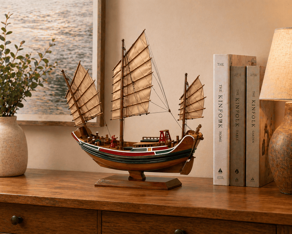 Handcrafted Chinese Junk Ship Model – Wooden Maritime Decor - Ocean Relic Studio