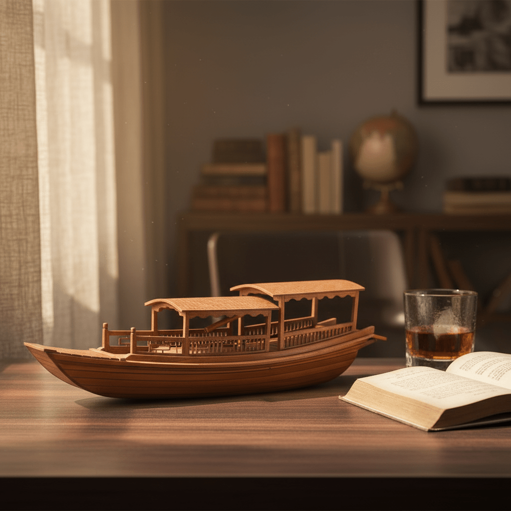 Chinese pleasure boat model displayed on a wooden desk beside an open book and whiskey glass, with soft window light and globe in background