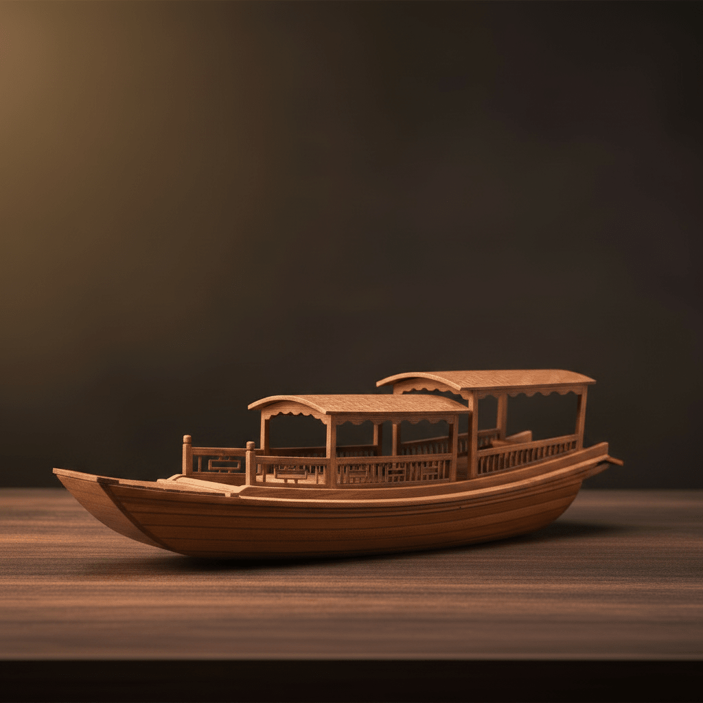 3/4 front view of a Chinese pleasure boat (画舫) model showing bow pavilion, lattice railing, and natural wood grain finish