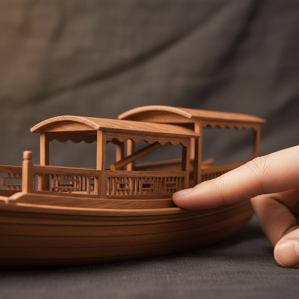 Close-up of double-roof pavilion structure and carved lattice railing on a handcrafted Chinese pleasure boat (画舫) model, shown in hand for scale