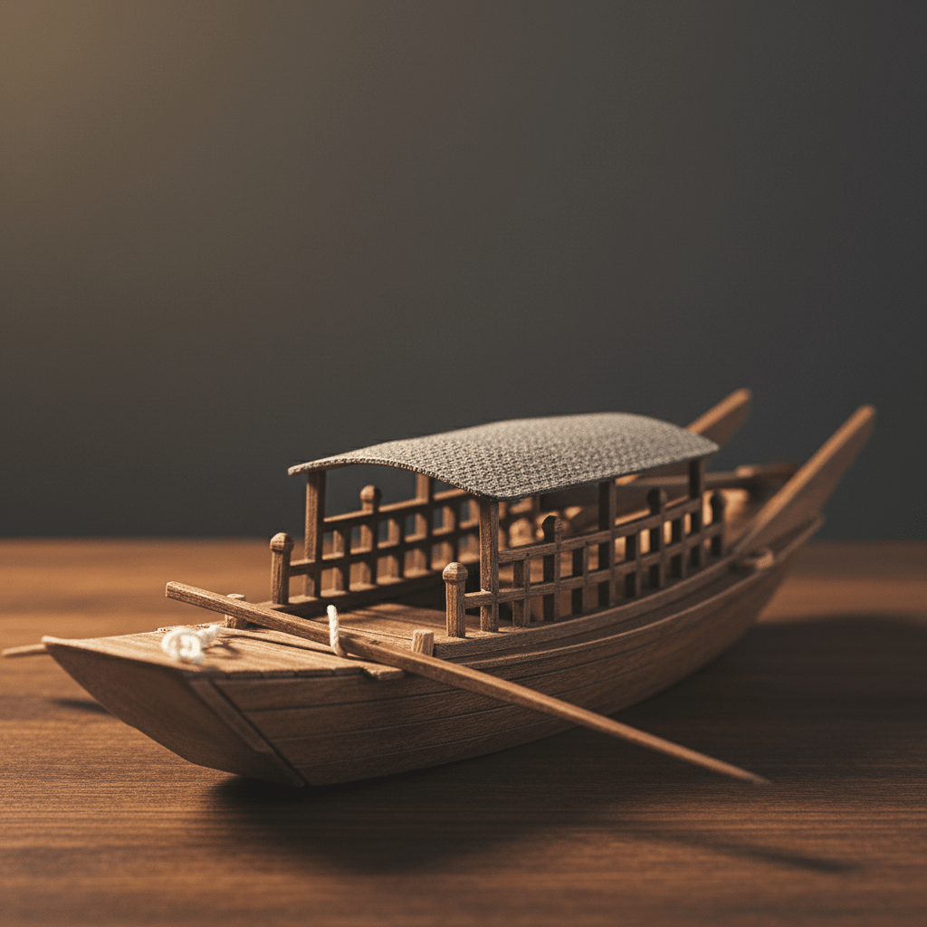 3/4 front view of a Chinese river boat model with woven straw cabin roof, lattice railing, and bamboo pole, on a warm brown background