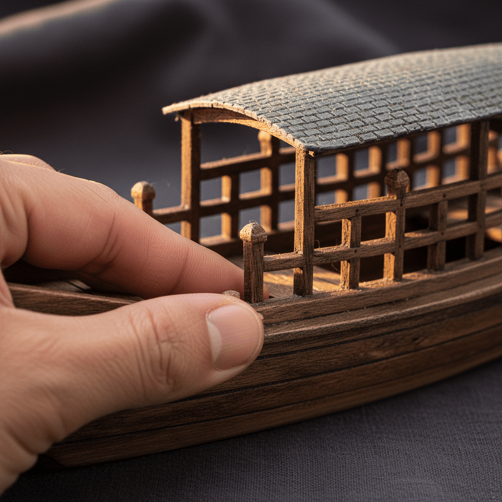 Close-up of hand-built lattice railing and woven straw cabin roof on a Chinese river boat model, shown in hand for scale