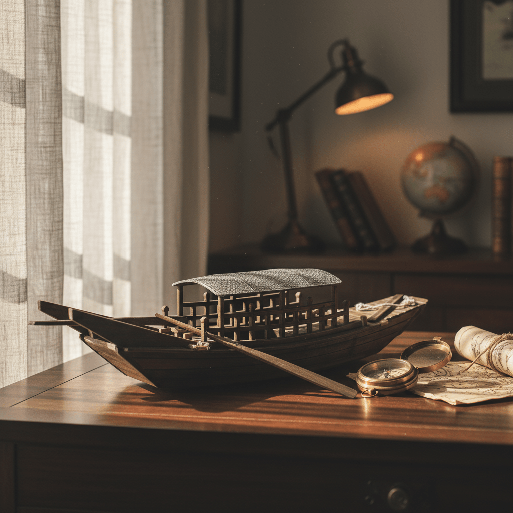 Chinese river junk model displayed on a wooden desk beside a brass compass and antique map, with natural window light and globe in background
