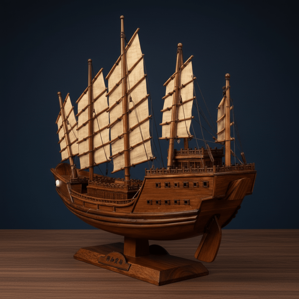 3/4 rear view of a Chinese ocean-going junk ship model showing four masts with full linen sails, carved stern, and engraved wooden base, dark blue background