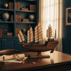 Chinese ocean-going junk ship model displayed on a mahogany desk beside a brass compass and antique map, with bookshelves and globes in background