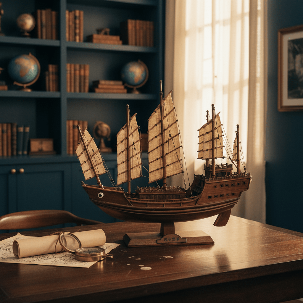 Chinese ocean-going junk ship model displayed on a mahogany desk beside a brass compass and antique map, with bookshelves and globes in background