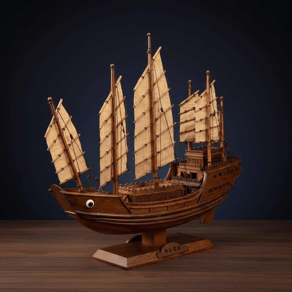 3/4 front view of a Chinese junk ship model showing bow, painted ship's eye, four masts with linen sails, and carved deck railing, dark blue background