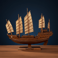 Side view of a handcrafted Chinese ocean-going junk ship model showing full four-mast sail profile, curved hull, ship's eye, and engraved display base