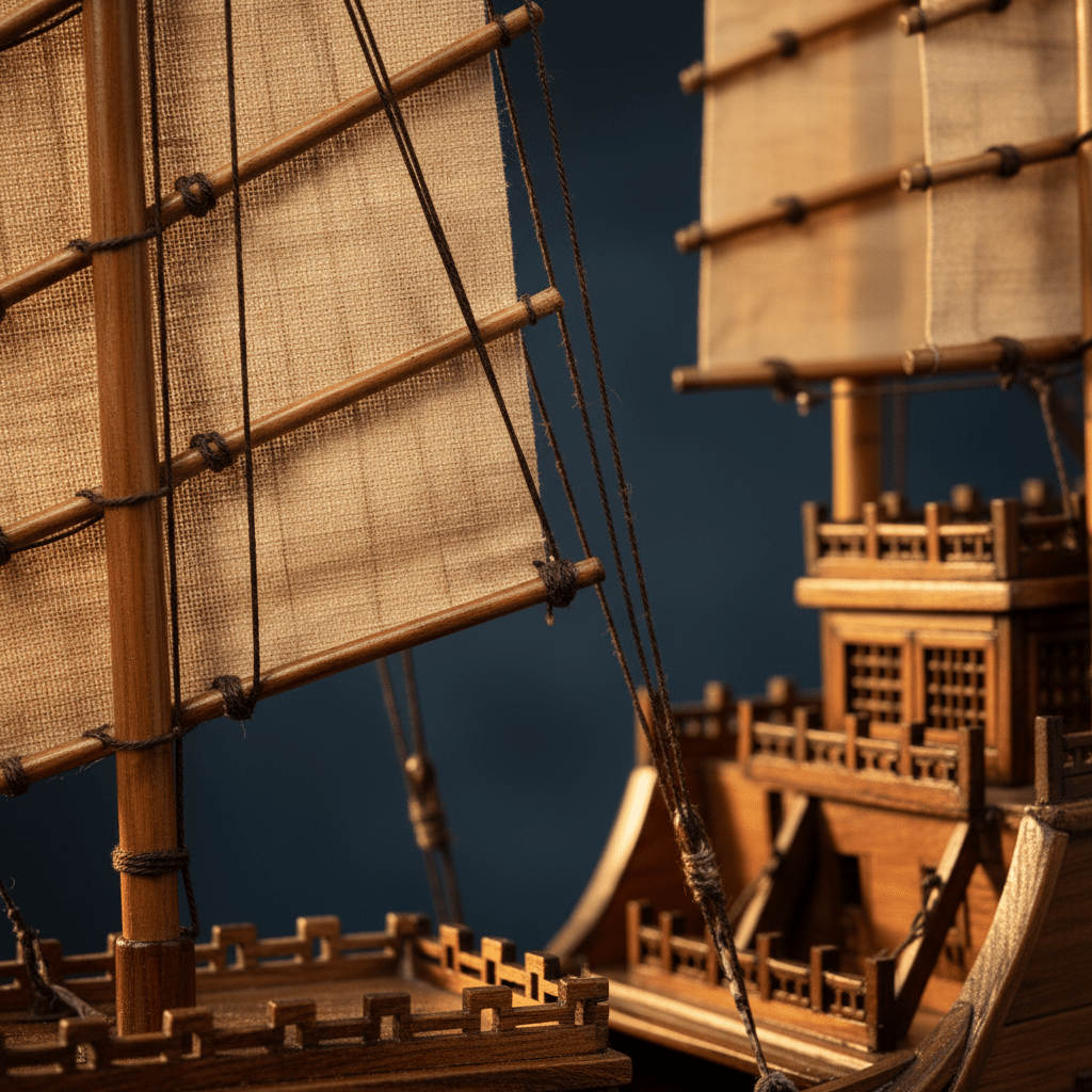 lose-up of linen battened sails, bamboo yard arms, rope lashing, and carved stern castle lattice on a handcrafted Chinese junk ship model
