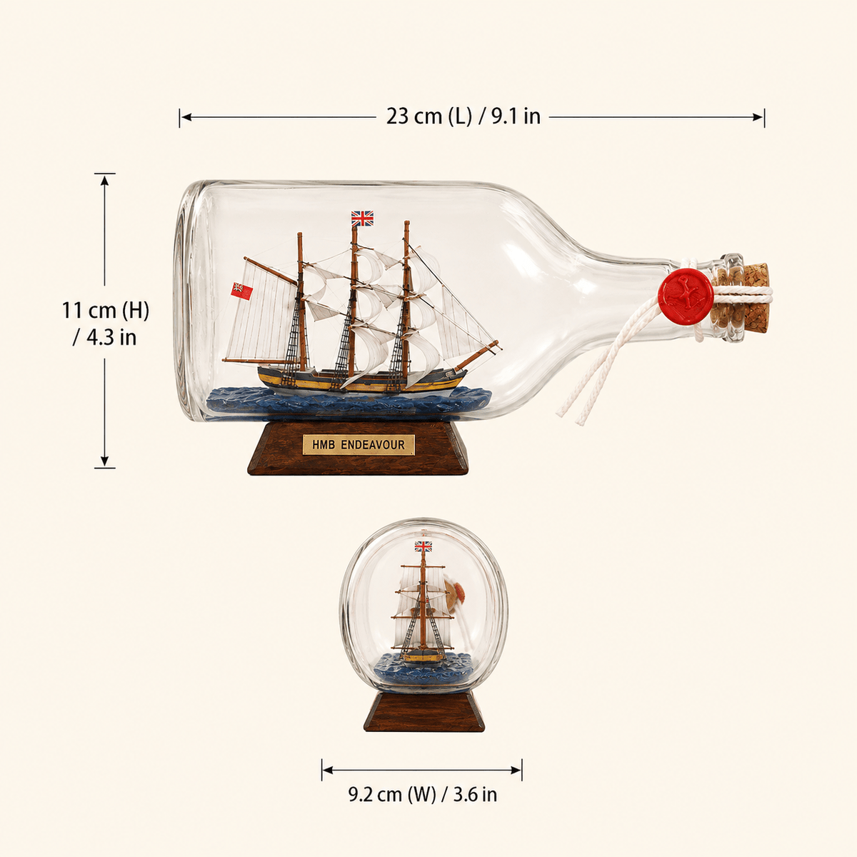 HMB Endeavour Ship in a Bottle – Large Display 23 cm - Ocean Relic Studio
