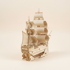 HMS Victory wooden ship model kit rear three-quarter view – ornate laser-cut stern decoration, multiple decks, layered basswood sails, no glue required press-fit assembly