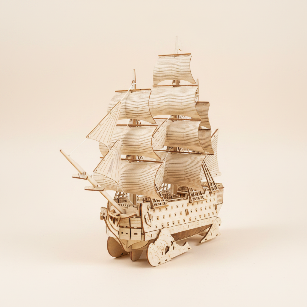 HMS Victory 194-piece laser-cut natural basswood wooden ship model kit – front three-quarter view showing three masts, layered curved wooden sail panels, detailed gun port hull and bowsprit