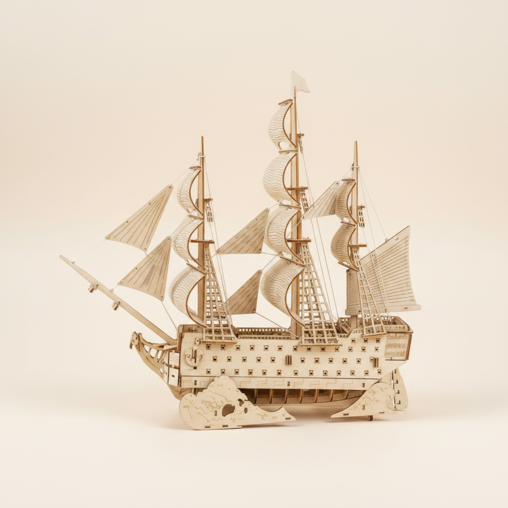 HMS Victory 194-piece wooden ship model kit full side profile – showing complete hull with rows of gun ports, three masts with layered curved basswood sail panels, natural wood finis