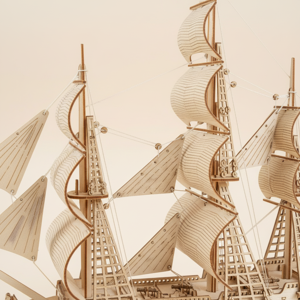 Close-up detail of HMS Victory laser-cut wooden ship model kit – layered curved basswood sail panels with wave-like wood strips, precision-cut rigging joints and deck structure craftsmanship