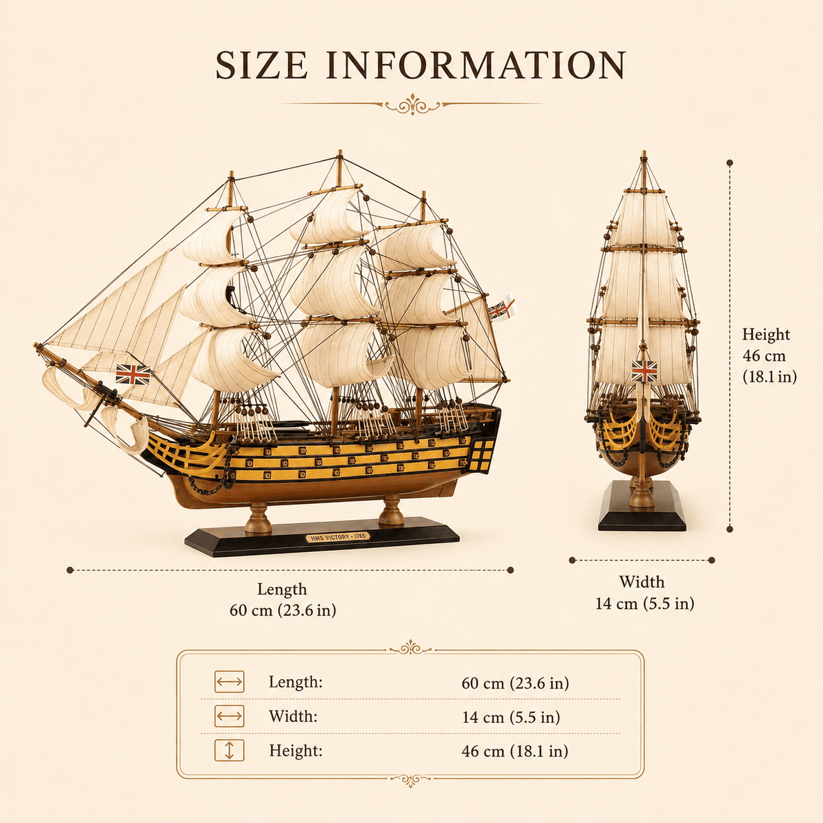 HMS Victory Wooden Ship Model – Premium 60 cm - Ocean Relic Studio- Handcrafted Wooden Ship Model