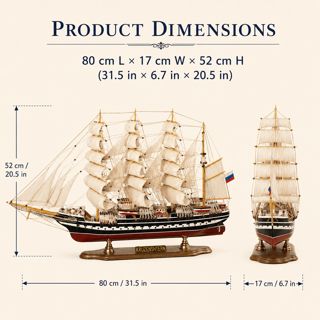 Krusenstern Wooden Ship Model – Deluxe 80 cm - Ocean Relic Studio- Handcrafted Wooden Ship Model