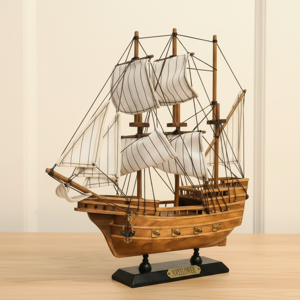 Handcrafted Mayflower wooden sailing ship model displayed close-up – warm natural brown wooden hull with horizontal plank detailing, three masts with white striped fabric sails, intricate black rope rigging, brass fittings, black display base with gold nameplate, premium nautical collectible