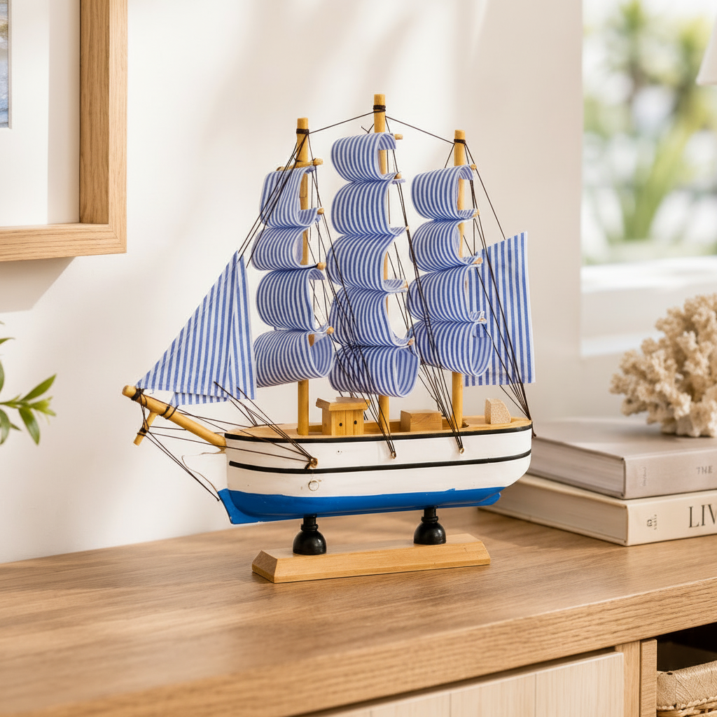 Blue and white striped sailboat wooden ship model displayed in coastal home setting