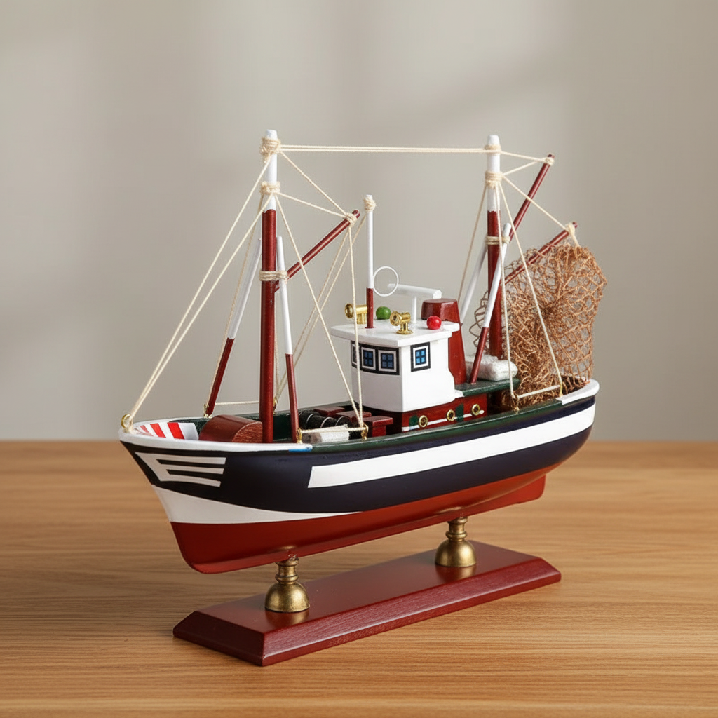 Handcrafted American shrimp boat wooden ship model on warm wooden desk – navy blue hull with white stripe, white wheelhouse, red outrigger booms, white rope rigging, metal fishing net, mahogany base with brass feet, coastal nautical home decor