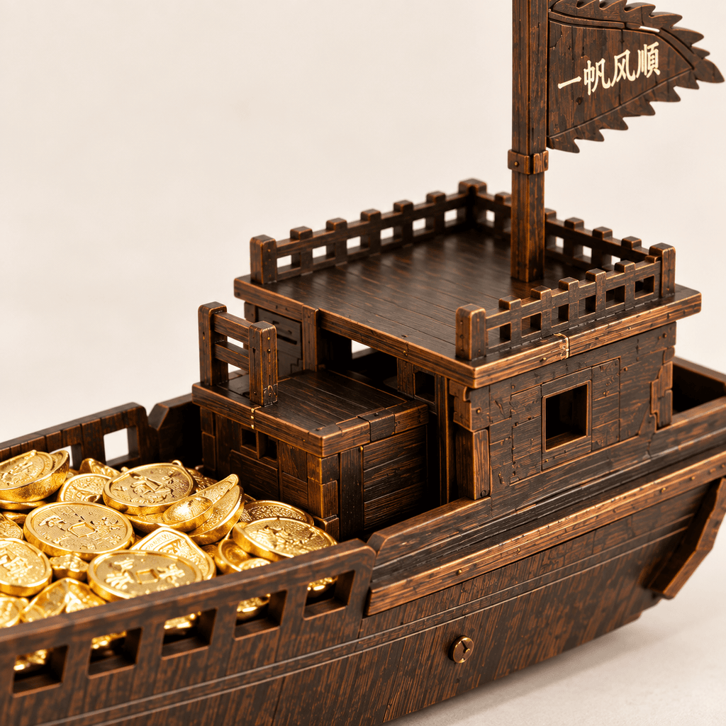 Manzai Er Gui Chinese Lucky Boat Wooden Ship Model – Classic 22 cm - Ocean Relic Studio