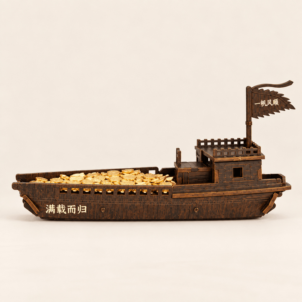 Manzai Er Gui Chinese Lucky Boat Wooden Ship Model – Classic 22 cm - Ocean Relic Studio