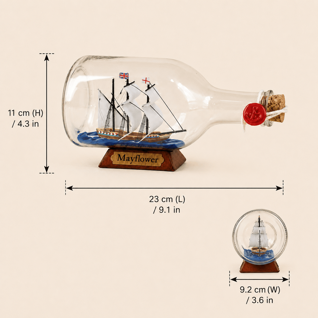 Mayflower Ship in a Bottle – Pilgrim Voyage Nautical Decor - Ocean Relic Studio- Handcrafted Wooden Ship Model