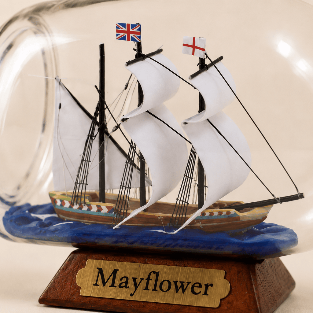 Mayflower Ship in a Bottle – Pilgrim Voyage Nautical Decor - Ocean Relic Studio- Handcrafted Wooden Ship Model